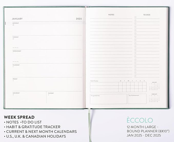 Eccolo 2025 Large Agenda Planner, 12 Month, Yearly, Monthly & Weekly Pages, Habit & Gratitude Tracker (Hardcover - 8 x 10")