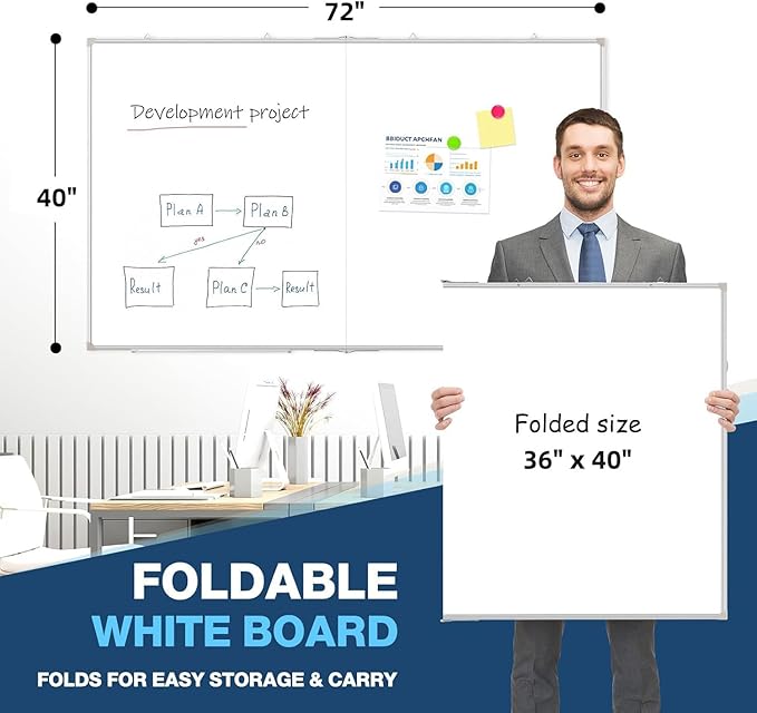 WALGLASS Large White Board Dry Erase Board, 72" x 40" Double-Sided Foldable Dry Erase Board for Wall, Magnetic Whiteboard for Office, Home, School, Kitchen