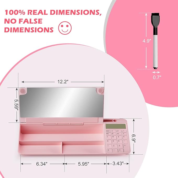 Desktop Glass Whiteboard with Mirror & Calculator(12 Digit LCD Display) & Ruler Marker,Tilted Computer Keyboard Stand with Dry Erase Board Surface, Desk Organizers with Accessories,Pink