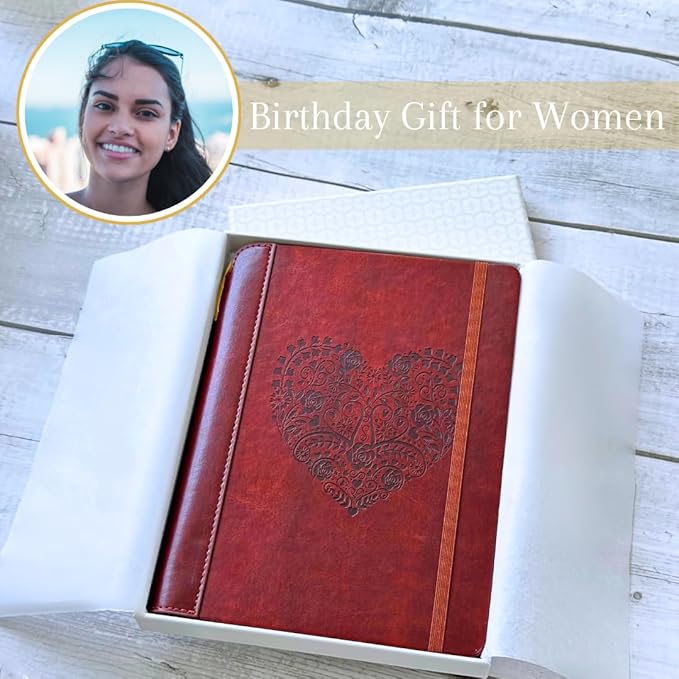 SETTINI® Lined Journal - Heart Journal for Writing Gift Set - Hardcover Vegan Leather, Includes Luxury Pen in a Unique Pen Holder, 192 Pages, 6 x 8.5 inches - Birthday Gifts for Women