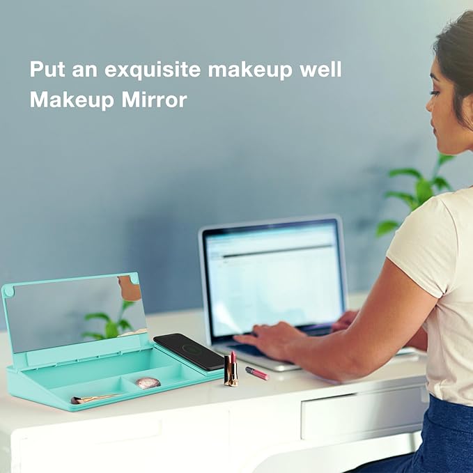 TOWON Desktop Glass Whiteboard with Charger Pad, Whiteboard for Desk with Charging Station, Desk Buddy Dry Erase with Charger for Home Office, Dry Erase Computer Desk Notepad, Teal Blue, 17 x 6 in