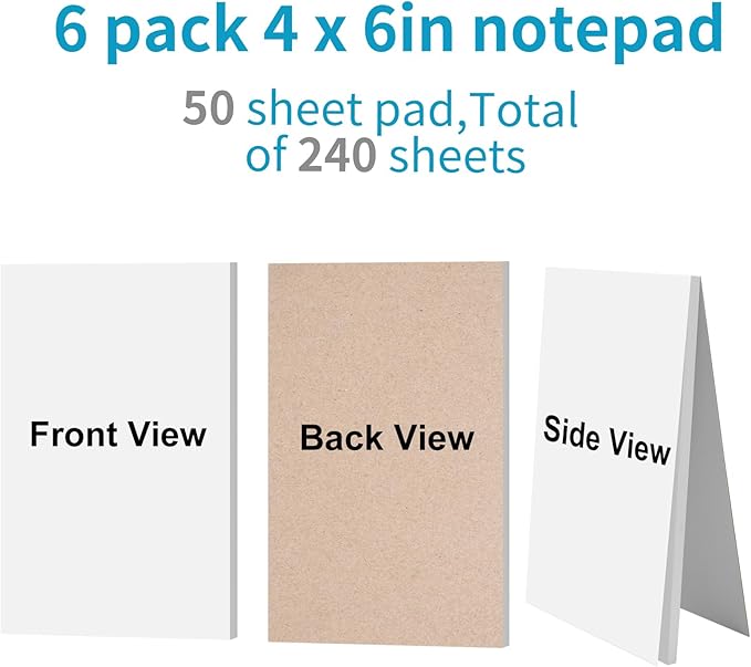 Joyberg Notepads 4x6, 6 Blank Note Pads 4x6, 50 Sheets Each, Blank Notepad for Home, Office, and School for Writing Notes, Shopping Lists, and to-do Lists in Everyday Life