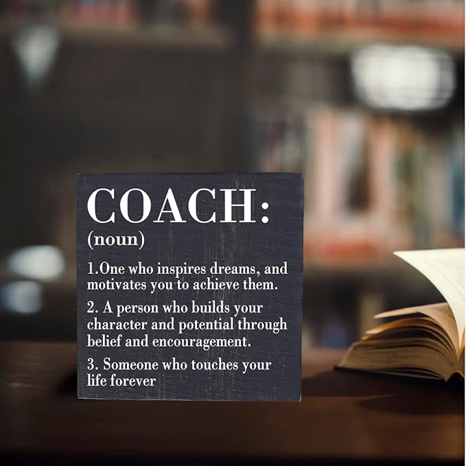 Inspirational Coach Noun Coach Gifts Desk Decor Wooden Box Sign Rustic Black Wood Block Plaque Box Sign for Coach Mentor Trainer Tutor Home Office Desk Shelf Table Decoration Coach Definition