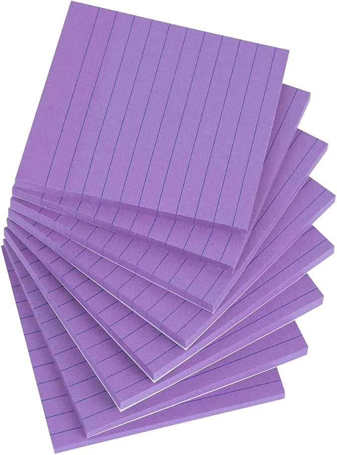 Vanpad Lined Sticky Notes 4x4 Inches, Bright Purple Ruled Self-Stick Pads, Easy to Post for Home, Office, Notebook, 8 Pads/Pack