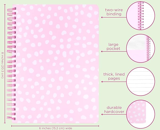 Steel Mill & Co Cute Mini Spiral Notebook, 8.25" x 6.25" Journal with Durable Hardcover and 160 Lined Pages, Pink Dots