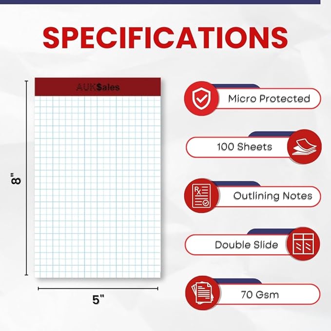 Grid Paper Pad 5x8 Inches – Graph Paper Pad 4x4, Grid Notepad, 24 Pack, 5x8 Graph Paper 1/4 Grid, Graphing Paper, Engineering Pad – 100 Sheets 200 Pages Perforated Pad for School, Home, & Office