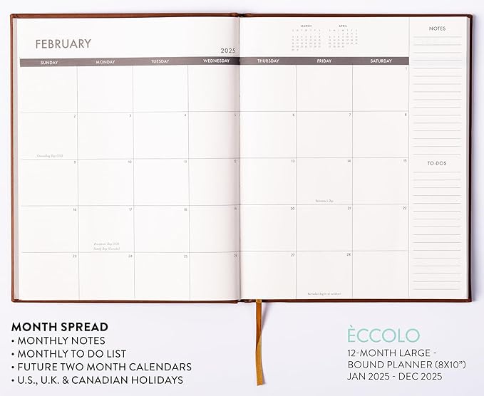 Eccolo 2025 Large Agenda Planner, 12 Month, Yearly, Monthly & Weekly Pages, Habit & Gratitude Tracker (Hardcover - 8 x 10")