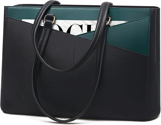 LOVEVOOK Laptop Bag for Women 15.6 Inch Tote Bags Waterproof Leather Briefcase Computer Women Business Office Work Bag,Black/Green