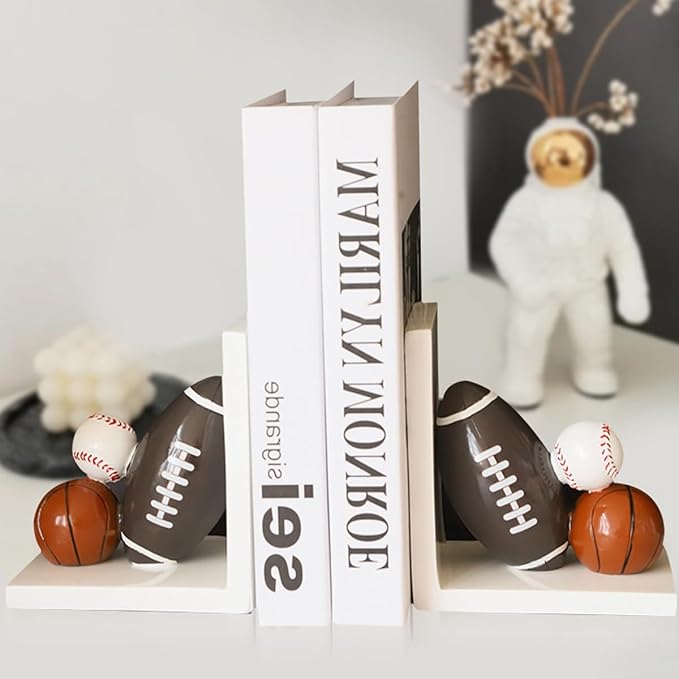 Resin Bookend Football Basketball Book Stopper Heavy Duty Bookend Modern Geometric Design for Home Library Office School Book Display