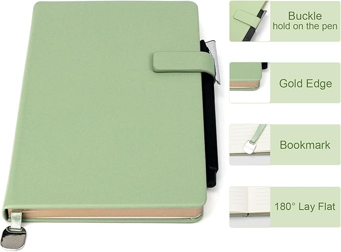 A5 Hard Cover Notebook with Pen Holder, Gold Edges & 180° Lay Flat - Large 5x8.25 Lined, Bookmark, Gift Box - Durable Journal for Office, Study, Travel - Writers, Students (Grass Green)