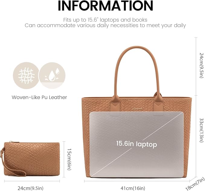 LOVEVOOK Laptop Tote Bag for Women 15.6 Inch, Woven-like PU Work Tote Briefcase for Office with Small Clutch, Light Brown