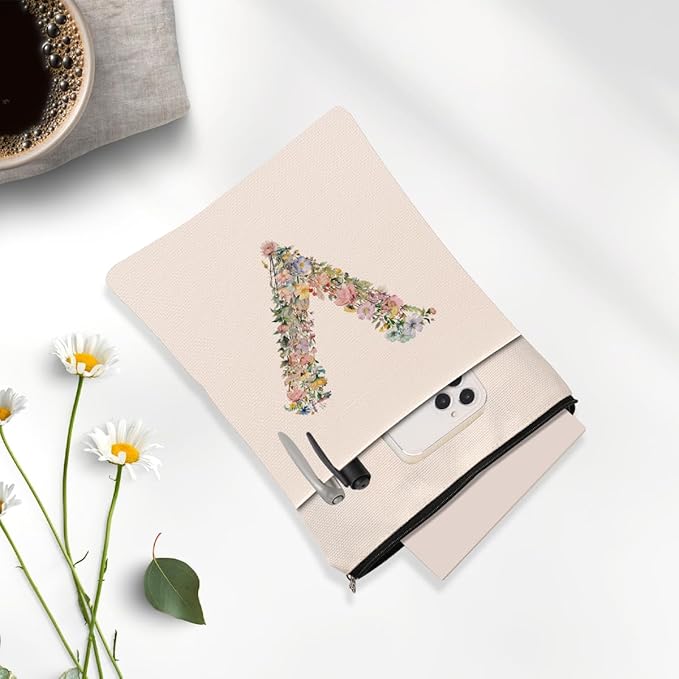 Monogrammed Book Sleeve Floral V Initial Book Pouch Book Accessories Book Lovers Gifts Waterproof Book Cover Book Protector Bookish Gifts Personalized Gifts for Women Girls Readers Bride Sister