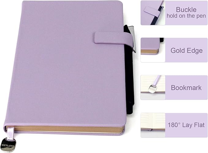 A5 Hard Cover Notebook with Pen Holder, Gold Edges & 180° Lay Flat - Large 5x8.25 Lined, Bookmark, Gift Box - Durable Journal for Office, Study, Travel - Writers, Students (Light Purple)