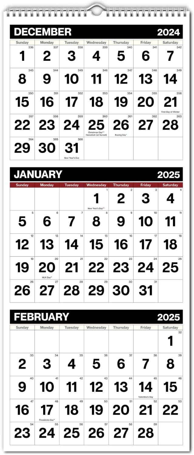 Dunwell Three Month View Calendar 2025 (Black), 11x26" Open, 3-Month Wall Calendar Vertical, Use to December 2025, 3 Panel, Ships Folded