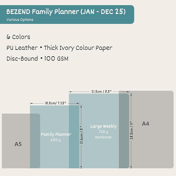 BEZEND Life Planner 2025 Weekly & Monthly Family Organizer with 6 Columns 7" x 9" - Agenda 2025 Family Calendar with Tabs, Pocket & Tear-off Shopping List, Disc Bound Flexible Cover - Lilac