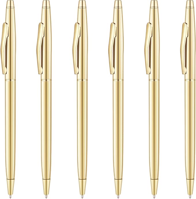 Unibene 6 Pack Slim Gold Ballpoint Pens Black Ink 1 mm - Black ink, Nice Gift for Business Office Students Teachers Wedding Christmas