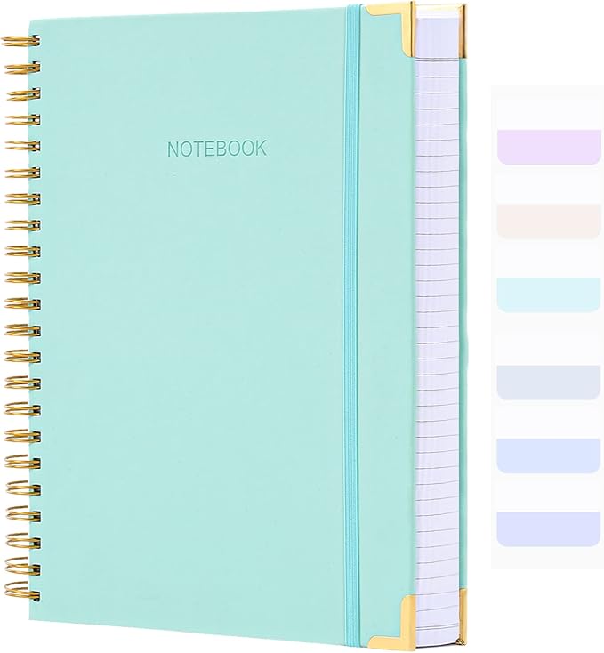 Spiral Notebook, College Ruled Notebook Journal, 7” x 10”, 300 Pages Leather Writing Journal for Women Men, B5 Hardcover Notebook for Work School, 24pcs Index Tabs, Teal