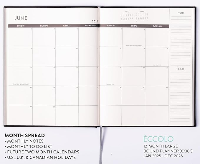 Eccolo 2025 Large Agenda Planner, 12 Month, Yearly, Monthly & Weekly Pages, Habit & Gratitude Tracker (Hardcover - 8 x 10")