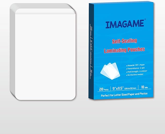 Self-Sealing Laminating Pouches, 9"x11.5'', 18mil, 20 Pack, Easy-to-Use, No Machine Needed, Preserve Photos, Documents, Certificates, Durable, Waterproof, Ideal for Home, Office & School Use