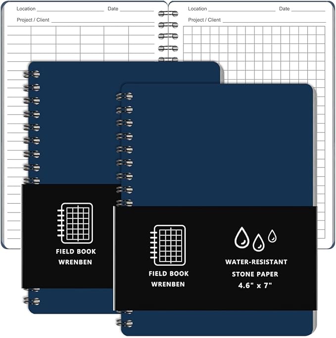 2PCS Field Grid Weatherproof Spiral Notebooks 4.8"x7" with All-Weather Stone Paper and Waterproof PVC Cover, 100 Pages per Pocket Notepad, A6 Medium Memo Steno Pads (Field, Blue)