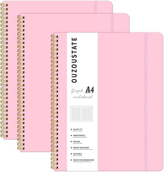 Grid Notebook 8.5" x 11", A4 Pink Graph Paper Notebook Hardcover College Ruled Notebook for Work, 120 Pages 100GSM Large Thick Spiral Writing Journal for Women & Men