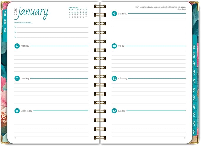 HARDCOVER 2025 Planner, 5.5"x8": 14 Months (November 2024 - December 2025), Daily Weekly Monthly Planner, Yearly Agenda, Bookmark, Pocket Folder and Sticky Note Set (Teal Floral)