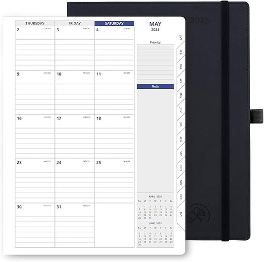 POPRUN 2025 Monthly Calendar 8.5" x 11", Large Writing Space Monthly Planner with PU Leather Soft Cover, Dual Pockets, Monthly Tabs, 100GSM Thick Paper, Sunday Start - Black