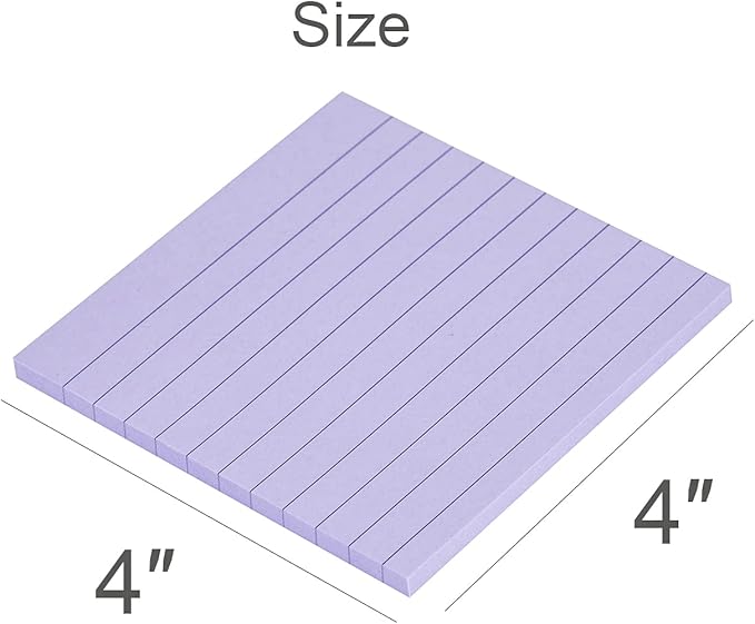 Vanpad Lined Sticky Notes 4x4 Inches, Light Purple Ruled Self-Stick Pads, Easy to Post for Home, Office, Notebook, 8 Pads/Pack