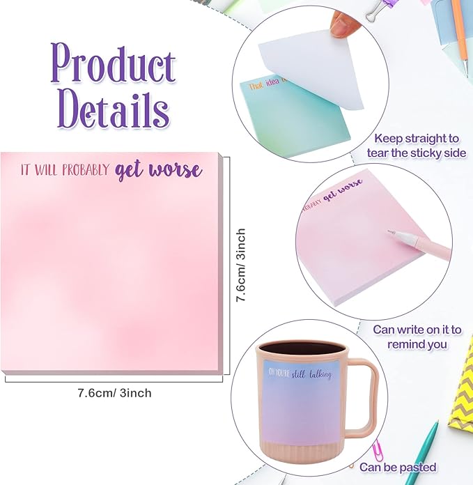 12 Pieces Snarky Office Sticky Notes Funny Note Pads Work Sucks Complaining Quotes Vibrant Negative Passive Office Notepads Adhesive Memo Pad for Colleague Supplies, 3 x 3 Inch(Funny Style)