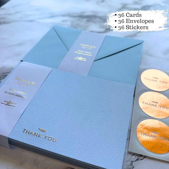 RUN2PRINT (36 Pack Thank You Cards With Envelopes & Stickers - Elegant Light Blue - Emboss Gold Foil Pressed - Blank Notes Wedding, Bridal, Baby Shower, Business and Formal All Occasion Cards