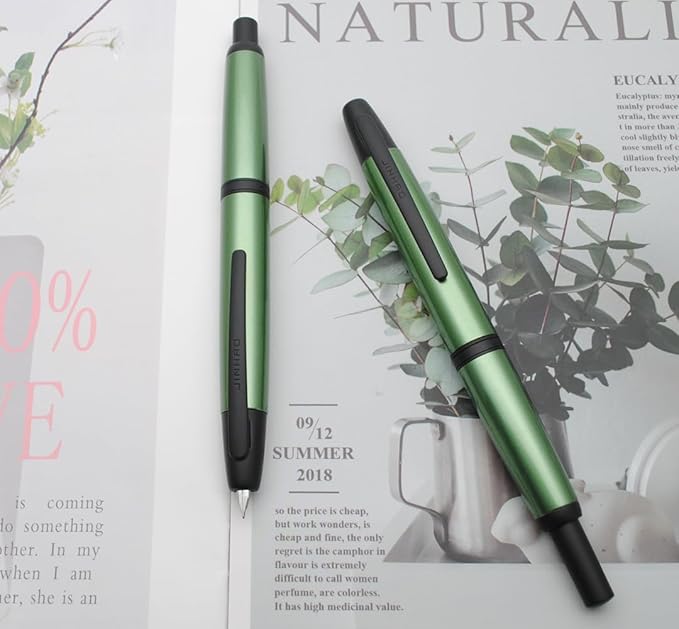 JINHAO 10 Press Fountain Pen, Retractable Metal Pen with Ink Converter (F Nib 0.5mm, Light Pine Green - Black Clip)