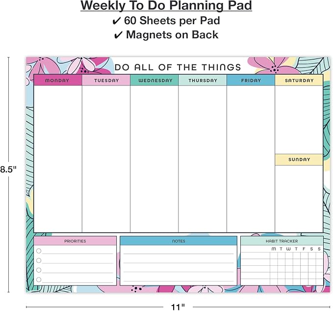 Global Printed Products 8.5" x 11" Horizontal to-Do List and Weekly Planning Pad, 60-Sheets, Sketched Floral
