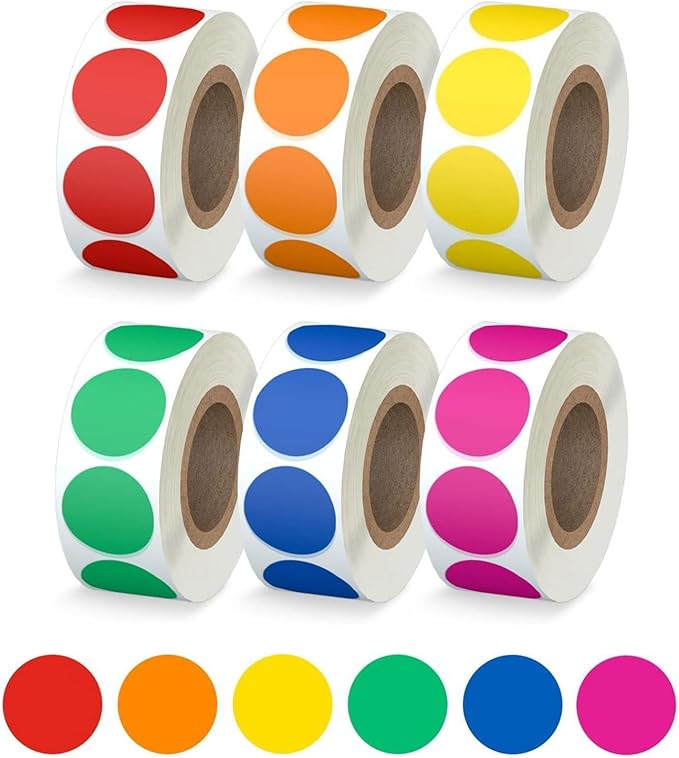 3000 PCS Printholic 3/4" Round Color Coding Circle Dot Sticker Labels 6 Color Includes Bright Yellow Green Red Pink Orange Blue(500 Labels/Roll)