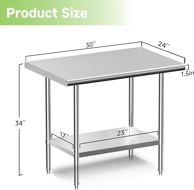 24" D x 30" W x 34" H Stainless Steel Table, NSF Stainless Steel Work Table for Prep with Adjustable Undershelf, for Commercial Kitchen, Restaurant, Laundry Room and Garage