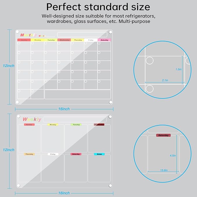 Fridge Calendar Meal Planning Board, Dry Erase Acrylic Magnetic Monthly Weekly Calendar Planner for Refrigerator with 6 Colors Markers (Transparent-Weekly+Monthly(15.7x11.8"))