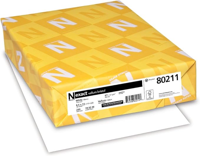Neenah Exact Vellum Bristol, 8.5" x 11", 67 lb/147 gsm, White, 94 Brightness, 250 Sheets (80211) & Astrobrights/Neenah Bright White Cardstock, 8.5" x 11", 65 lb/176 gsm, White, 75 Sheets (90905-02)