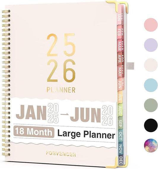 Forvencer Daily Planner 2025-2026, 18 Month Academic Planner, 8.5" x 11", Weekly and Monthly Planner, Jan 2025 - Jun 2026, Hardcover Day Planner, Spiral Agenda Book with Colorful Tabs, Office Home School Supplies, A4, Beige