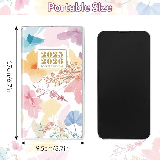 Pocket Calendar 2025-2026, Floral Monthly Planner 2025-2026 - 3.7" x 6.7" - Runs from January 2025 Until December 2026, Pocket Calendar 2025 with PVC Cover for Organizing & Planning
