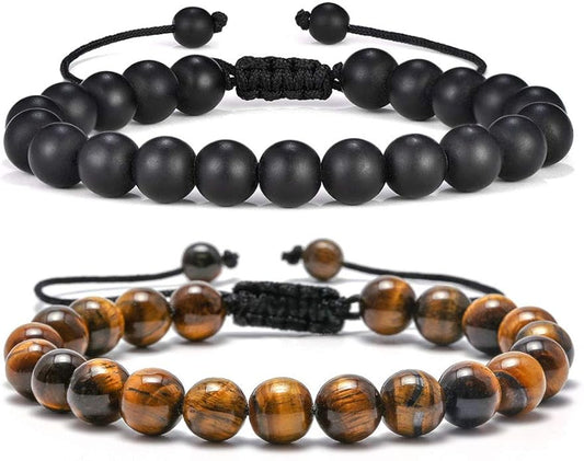M MOOHAM Natural Stone Bracelets for Men - 8mm Tiger Eye | Matte Agate | Lava Rock Bracelets for Men Teen Boys Gifts Birthday Anniversary Christmas Gifts for Men Teens
