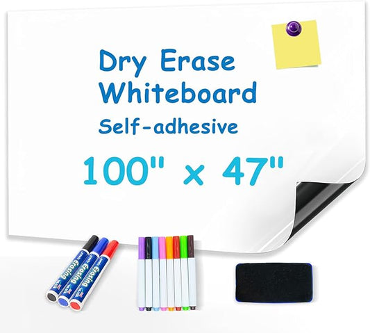 Magnetic Whiteboard Contact Paper 100" x 47”, Self-Adhesive Magnetic Dry Erase White Board Sticker for Wall, Peel and Stick Wallpaper, Easy to Write and Clean for Home Playroom Office