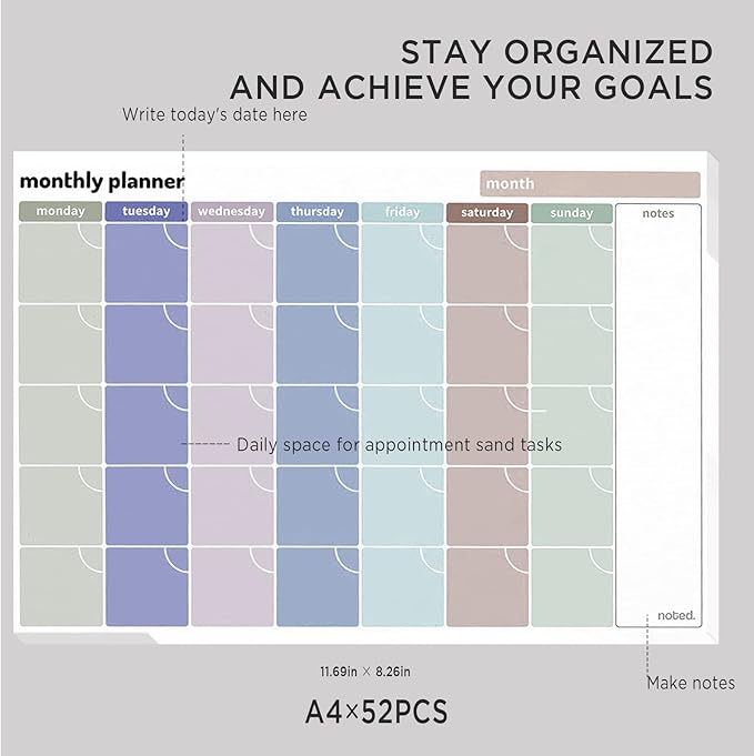 Monthly Planner –100gsm Paper, 52 Tear-off Sheets - A4 Size Undated Calendar and Scheduler - Colour Coded Days, and Notes Area - Perfect for Home and Work