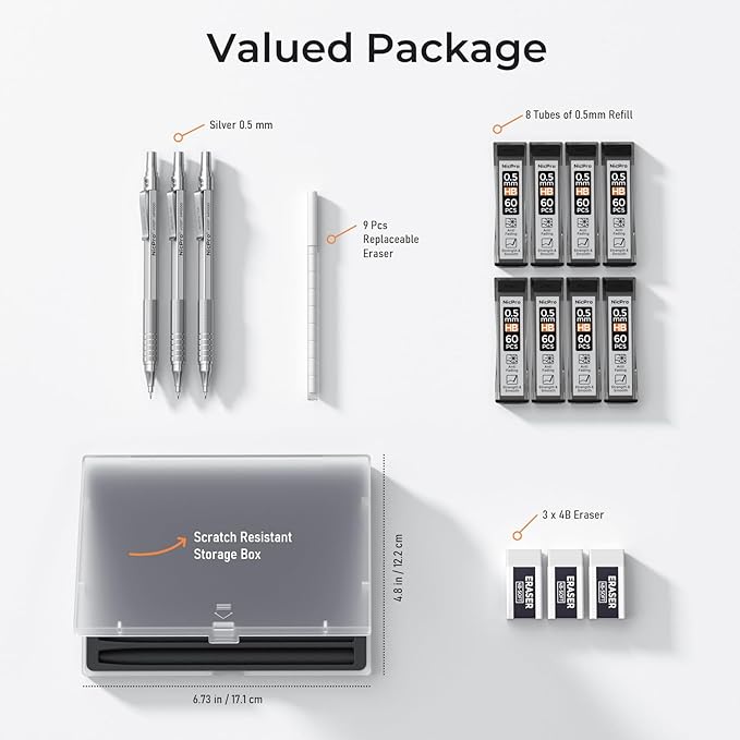 Nicpro 0.5 Mechanical Pencil Set with Case, 3PCS MP1000 Metal Artist Pencil & 8 Tube HB Lead Refills 0.5mm, 3 Erasers,9 Eraser Refills For Architect Writing Drafting, Drawing, Engineering, Sketching