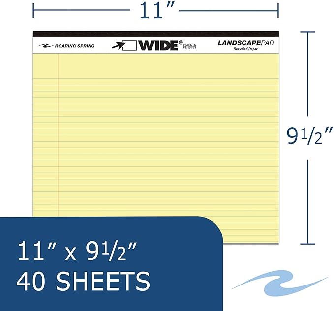 Roaring Spring Case of 18 of Landscape Note Pads, 11"x9.5", 40 sheets Heavyweight 20# Recycled Canary Paper, 2 Pads/pack, College Ruled W/Margin, Micro-Perforated