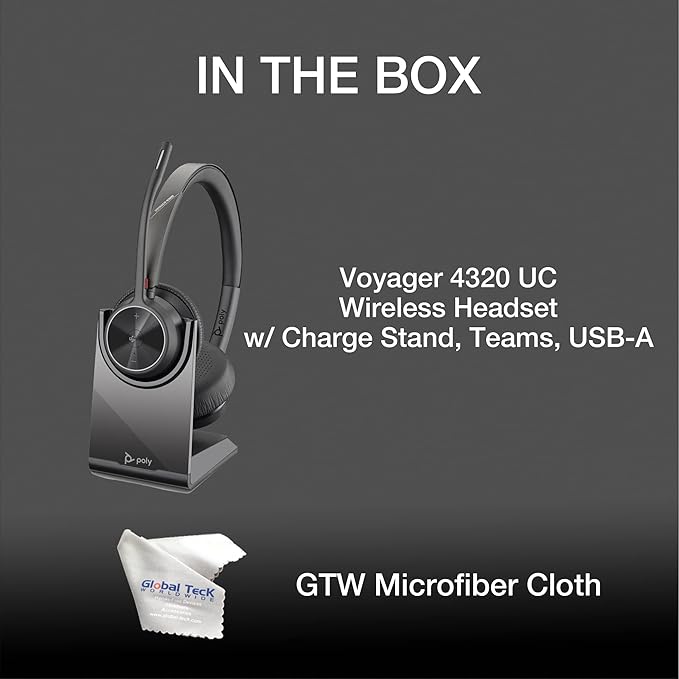 Poly Voyager 4320 UC Wireless Bluetooth Duo Headset (USB-A) Teams Version with Charge Stand - Global Teck Bundle with Microfiber Cloth - Deskphone, PC/Mac, Works with Zoom, RingCentral, 8x8, Vonage