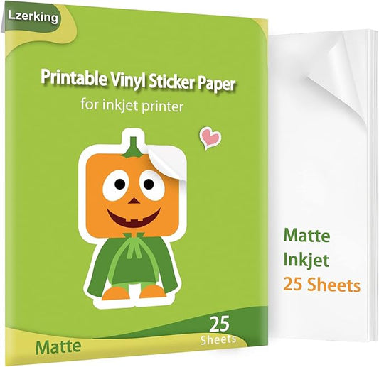 Lzerking Printable Vinyl Sticker Paper - 25 Sheets Matte White Self-Adhesive Waterproof Decal Printable Sticker Paper for Inkjet Printer - Standard Size 8.5x11 Inches DIY Crafts