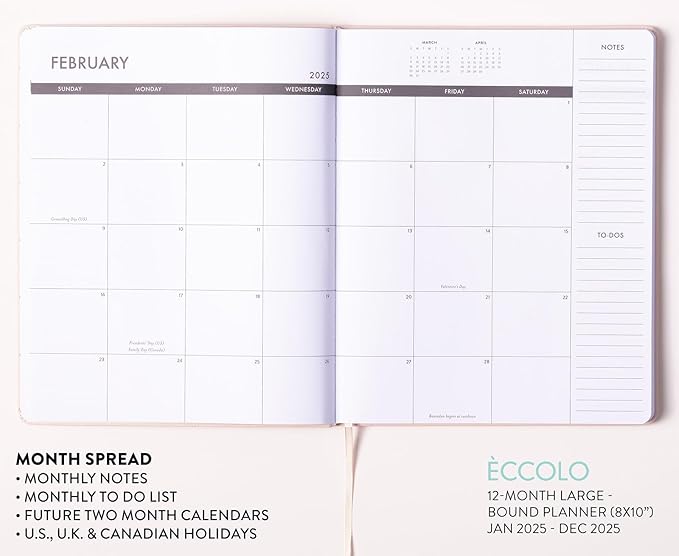 Eccolo 2025 Large Agenda Planner, 12 Month, Yearly, Monthly & Weekly Pages, Habit & Gratitude Tracker (Flexicover - 8 x 10")