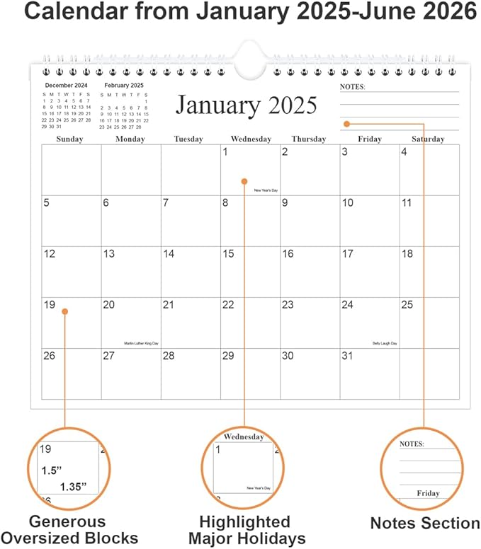 Calendar 2025-18 Months Calendar from January 2025 to June 2026, Wall Calendar 2025-2026 with Thick Paper, 8.5" x 11", Black