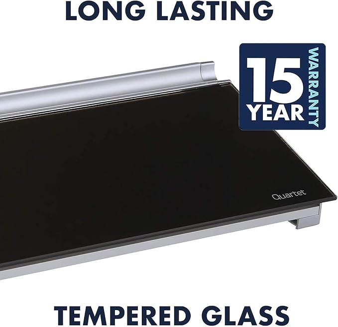 Quartet Glass Dry Erase White Board, Desktop Computer Pad for Notetaking, 18" x 6" Whiteboard, Clean Erase Surface with Storage, 1 Dry Erase Marker, Black Surface (GDP18B)