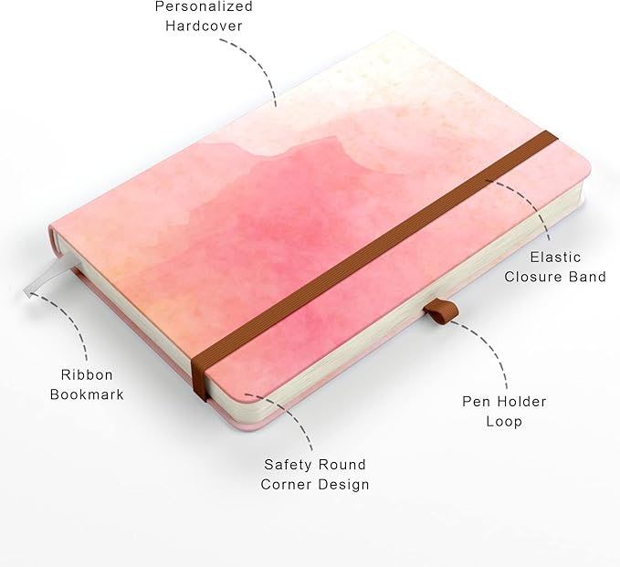 Small Notebook, Mini Pocket Journal A6 5.7" x 3.9", Leather Hardcover Journal with Pen Holder, 160 Thick Papers, Cute Lined Notebook Small Notepad for Women Writing Work Travel, Pink Sunglow