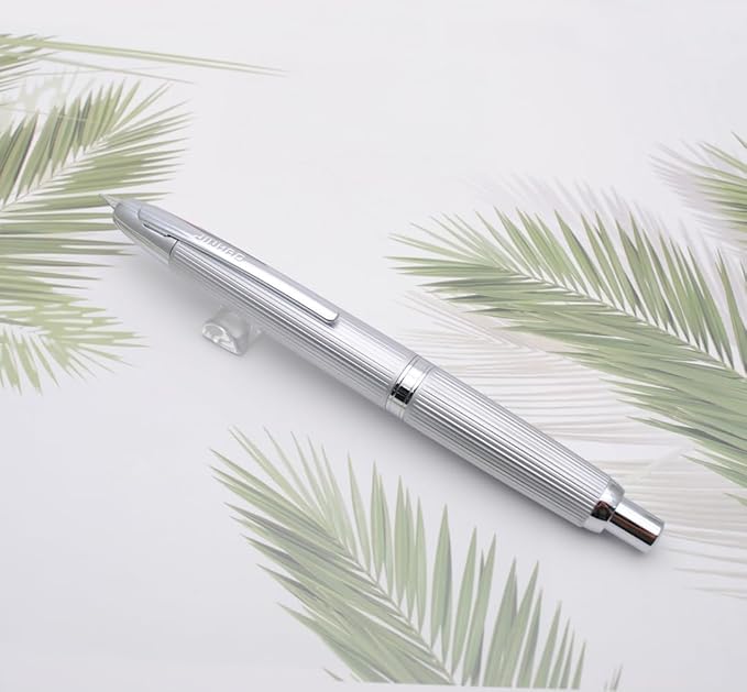 JINHAO 10 Press Fountain Pen, Retractable Metal Pen with Ink Converter (F Nib 0.5mm, Striated Silver)